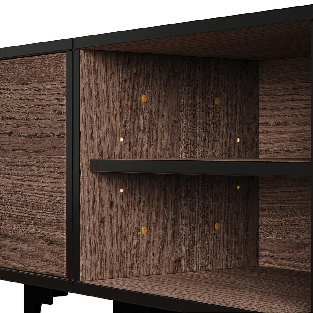 180*35*49cm Lowboard TV Cabinet with 2 Cabinets, TV Board with Open Storage Compartments, Dark Walnut Colored, Suitable for 80 Inch TVs