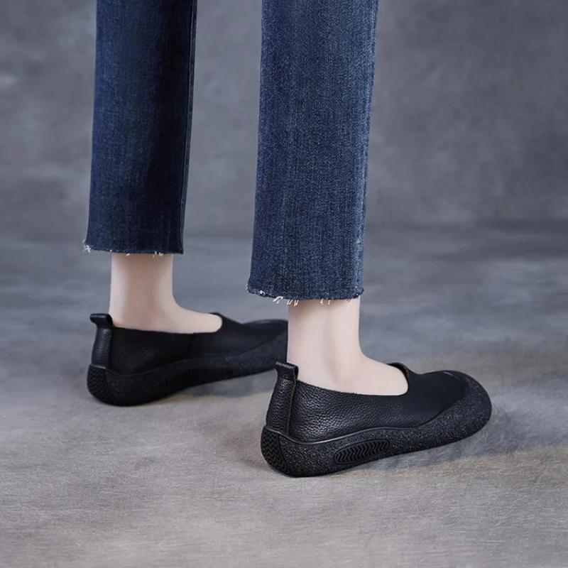 Johnature Retro Genuine Leather Shallow Flats Cowhide Comfortable Soft Soled Women's Slip-on Shoes