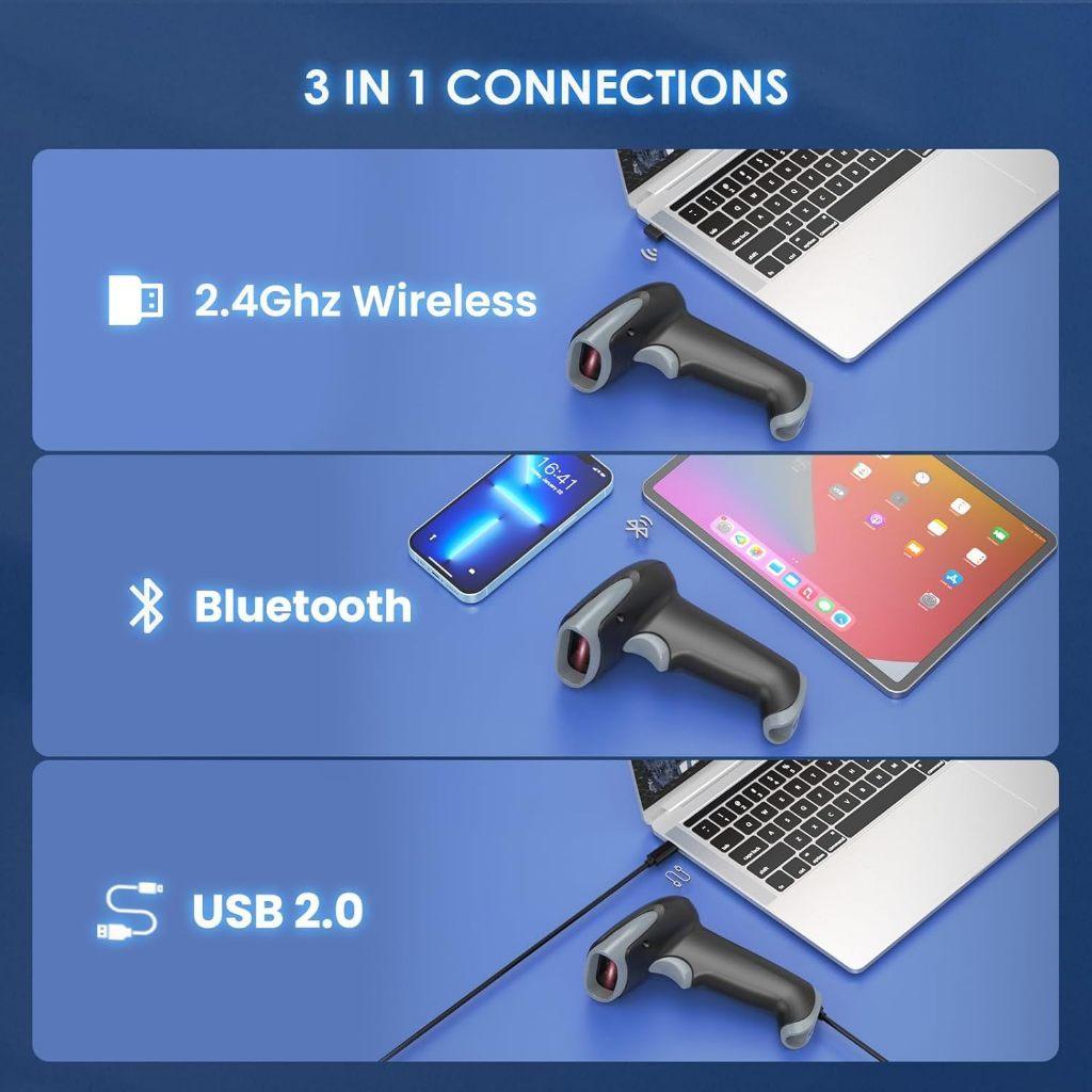 3 In 1 2.4G Bluetooth Wireless USB Wired 1D 2D QR Bar Code Reader Shockproof CCD Barcode Scanner With Stand