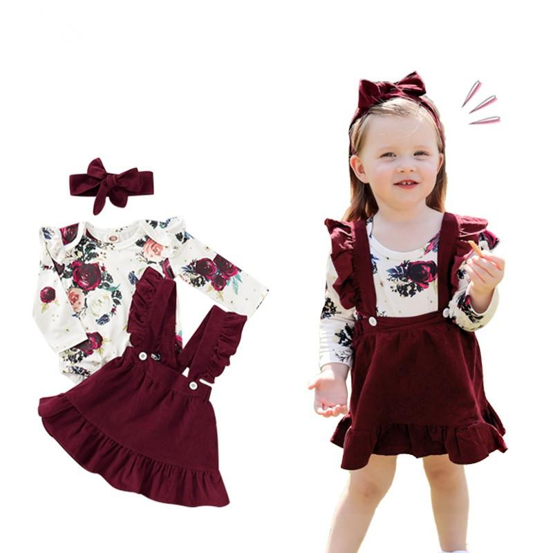 Newborn Baby Girl Clothes Set Floral Long Sleeve Romper Suspender Ruffle Dress and Bowknot Headband 3Pcs Outfit for 0-18 Months