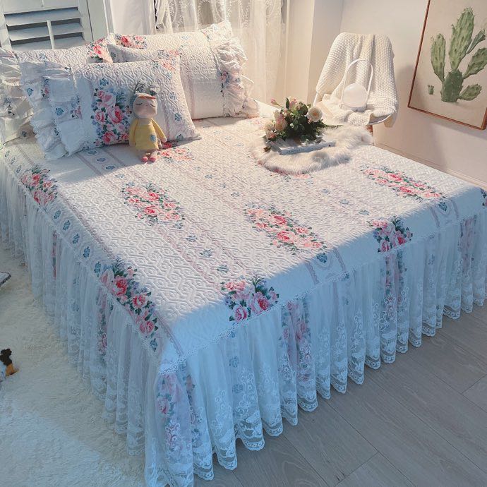 Luxury American Floral Bedding 100% Cotton Quilted Lace Ruffles Bed Skirt Mattress Cover Bedspread Pillowcases Nordic Size 1/3Pc
