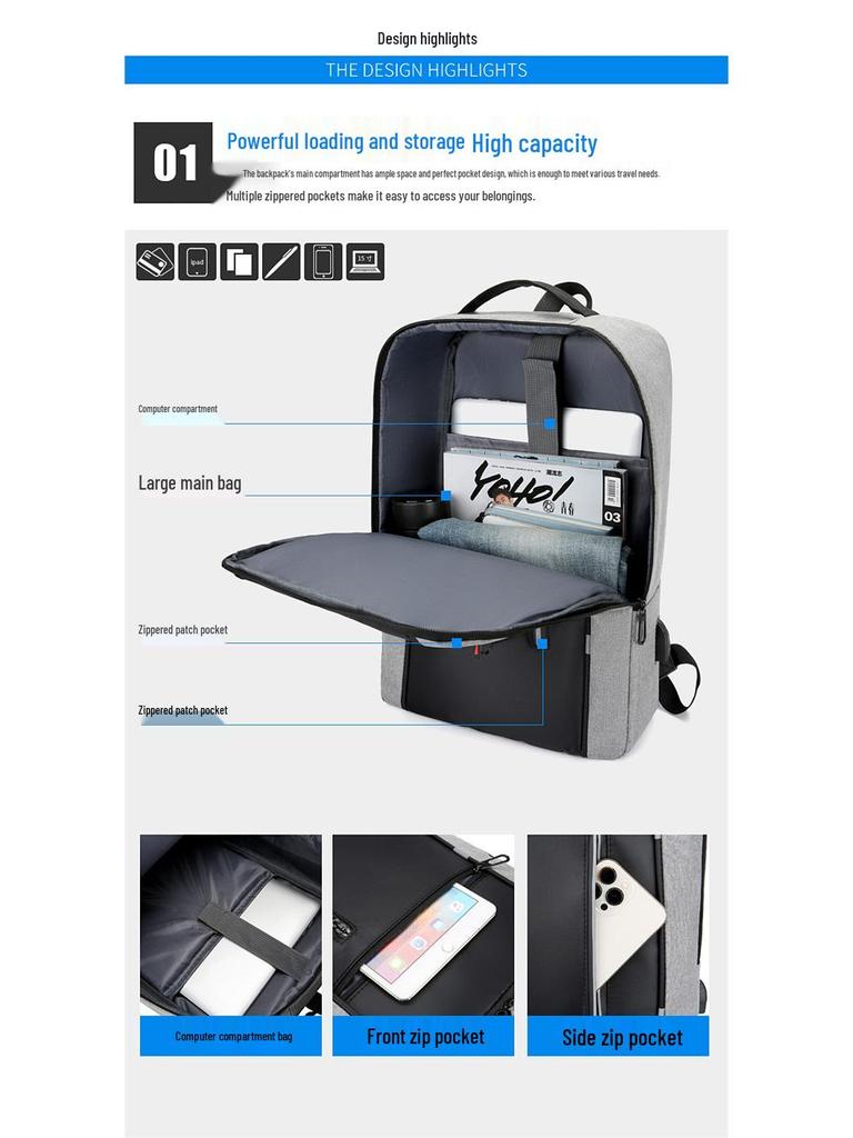 High-end Men's 15-inch Multifunctional Business Backpack with USB and Logo Printing Option