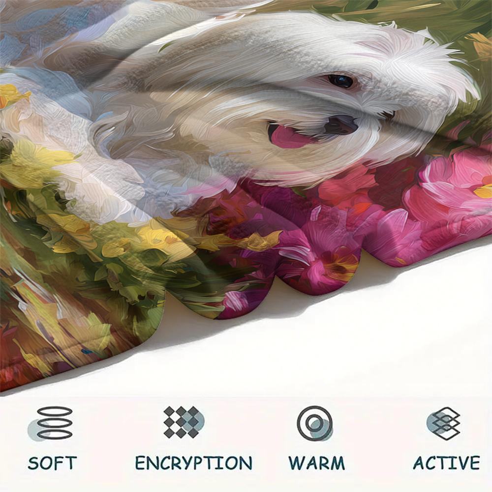 Maltese dog and flowers,pattern Flannel Blanket, High quality Comfortable for All Seasons, Home Decor, Warmth and Comfort, Perfect for Gifts.