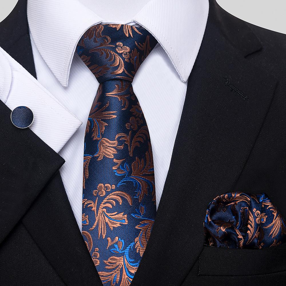 Korean Version Of Casual Floral Tie Men'S Jacquard Polyester Silk Pocket Towel Cufflink Tie Set