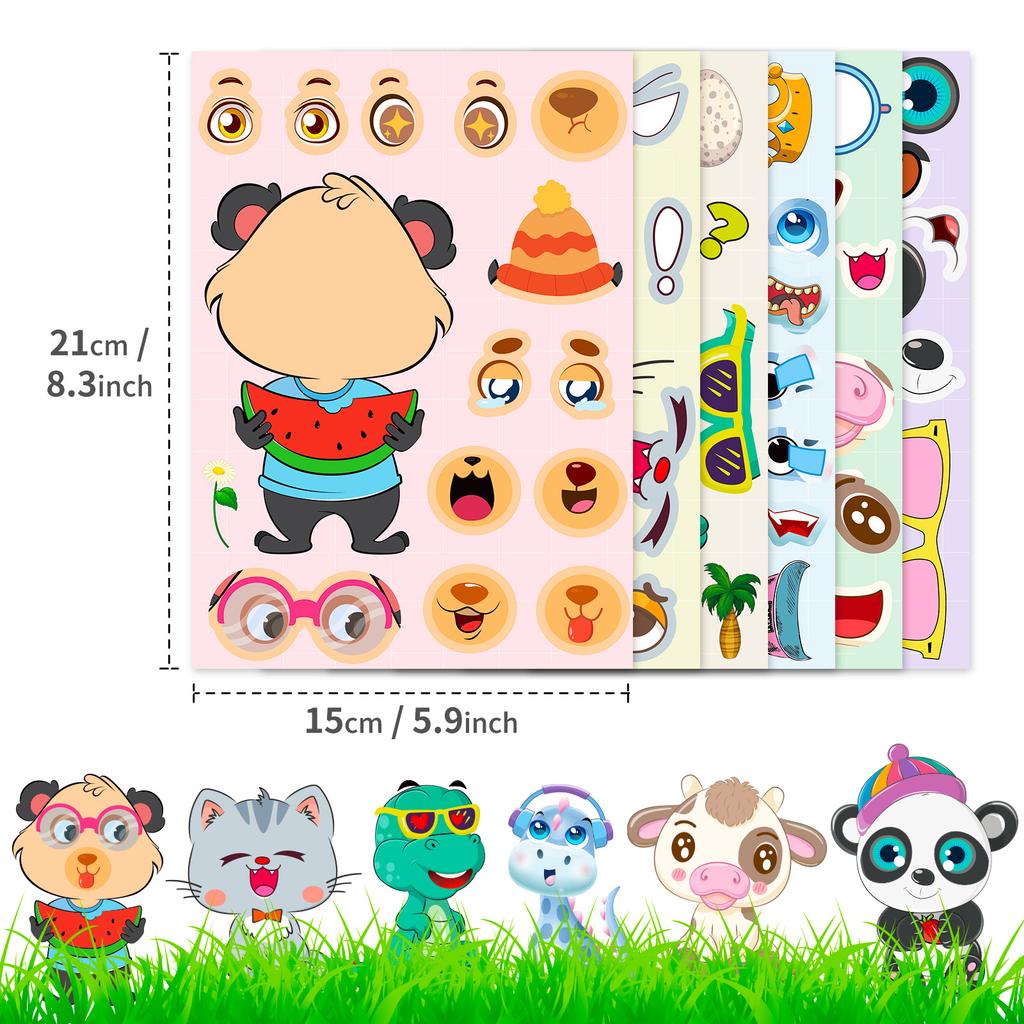 6 Photos/pack of Cute Panda Dinosaur Mixed Puzzle Face Change Stickers Children's Graffiti Educational Toys