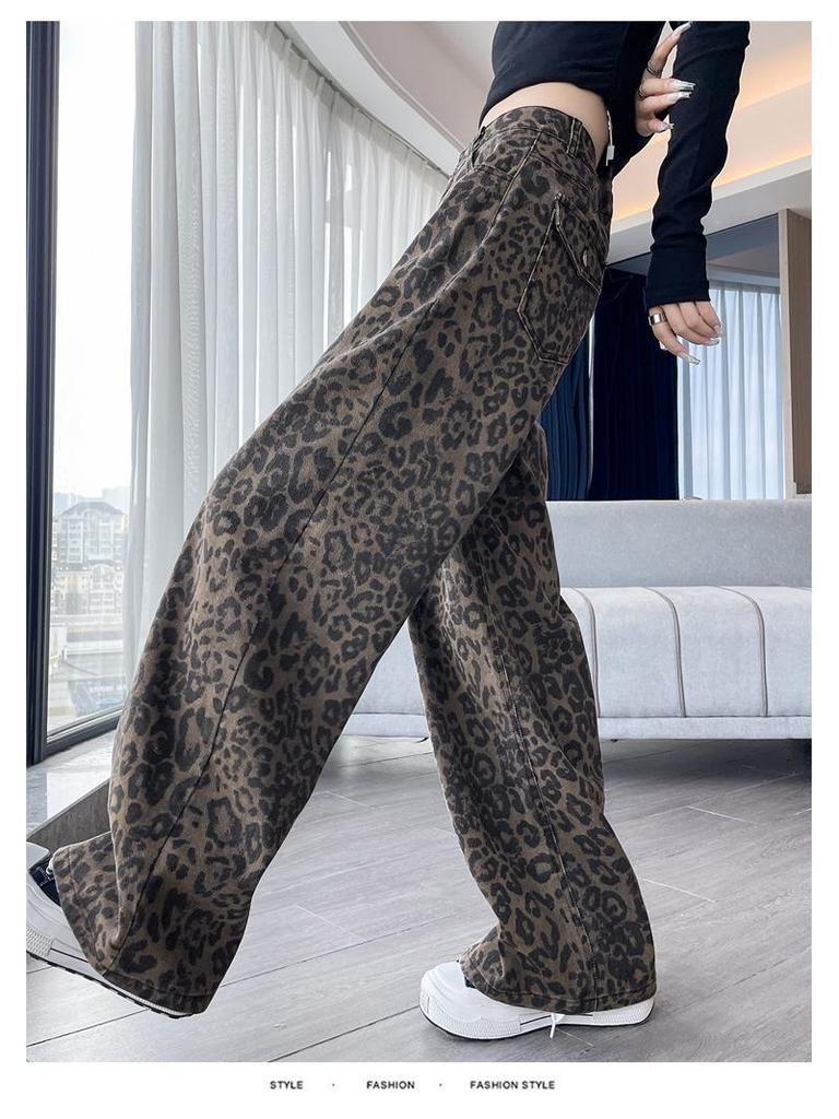 Damen Retro Leopard Print Weitbeinjeans - Petite Herbst/Winter Locker Geschnitten