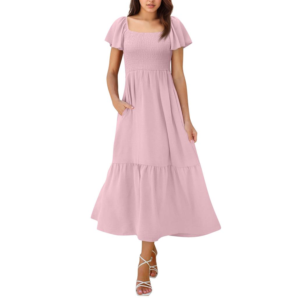 Dámské módní ležérní maxi šaty se čtvercovým výstřihem, zvonovými rukávy a volány, s kapsami