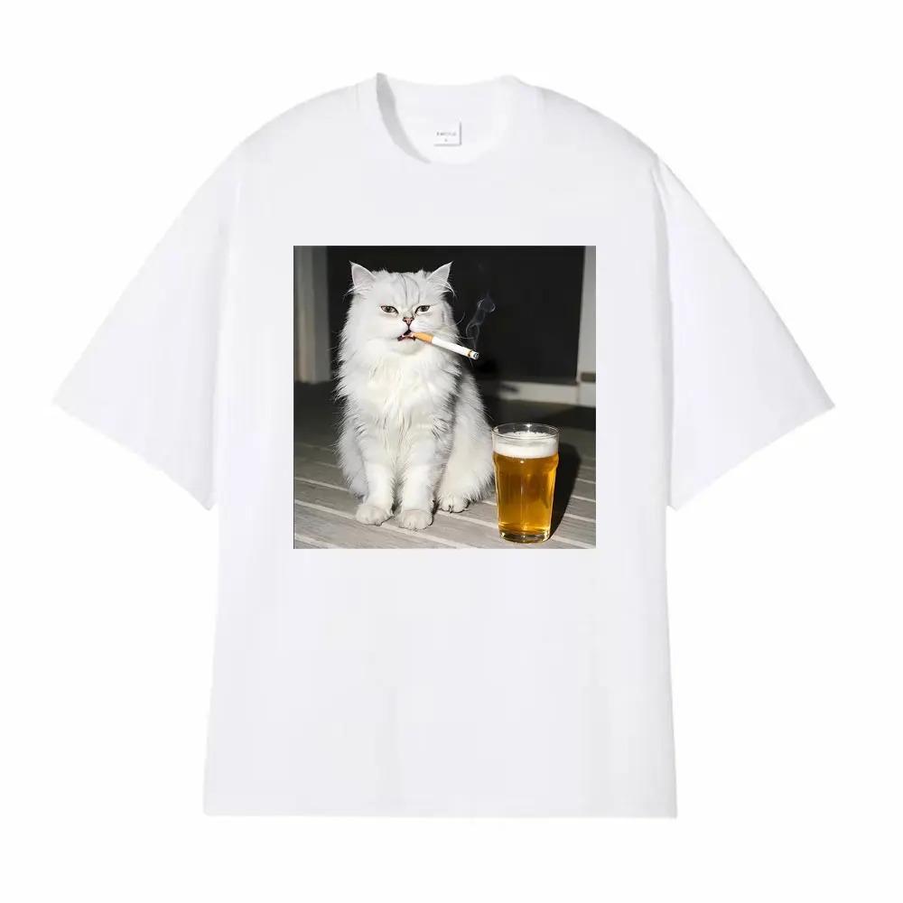 Fun Persian Cat Retro TShirt Smoking and Drinking Unisex Short Sleeve Casual Cool and Stylish Unisexs and Womens TShirt