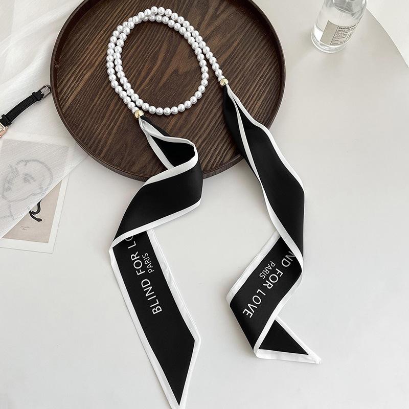 Faionable Polka Dot Scarf Waist Belt For Women Decorative Pearl Splicing Neck Ribbon Elegant Stripes Fluttering Ribbon