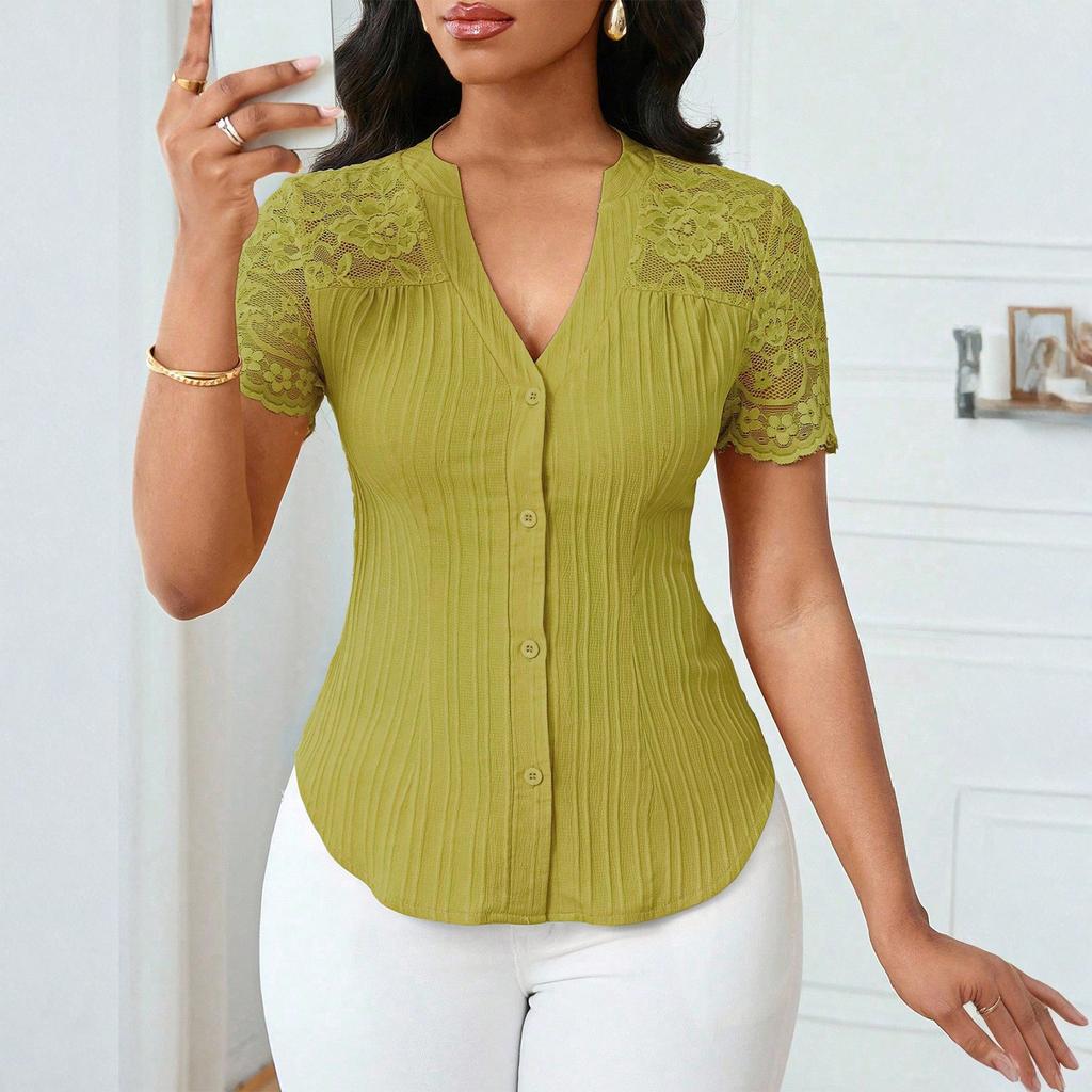 Women's Fashionable Versatile Single Breasted Color Slim Fit Embroidered Hollow Short Sleeved Top