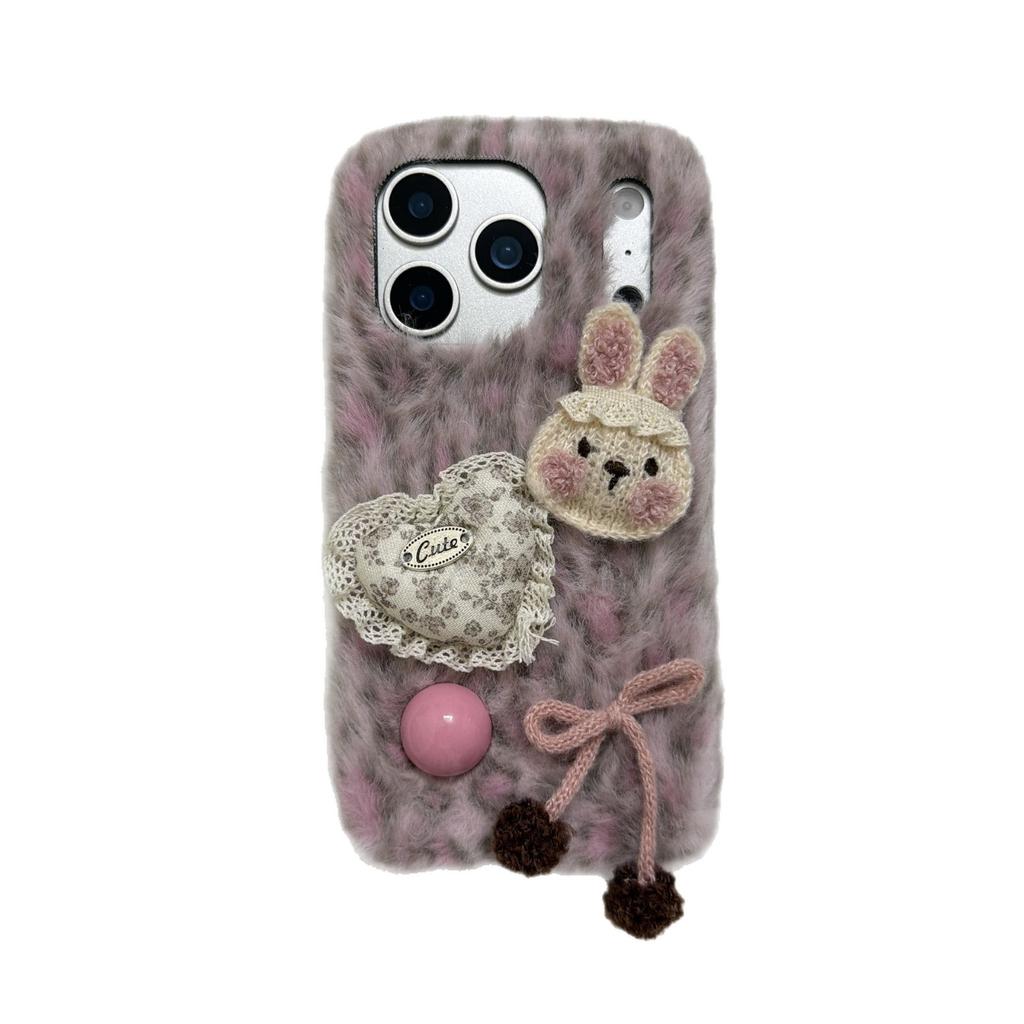 Leopard Print Plush Rabbit Case Suitable for iPhone 17 Pro Max iPhone 16 Handle Strap 15 Cute 14/13