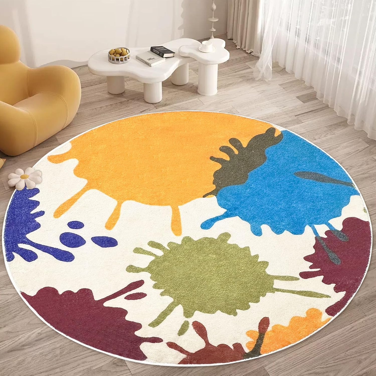 Vibrant Paint Splash Round Rug Multicolor Abstract Art for Playroom or Modern Living 60cmx60cm
