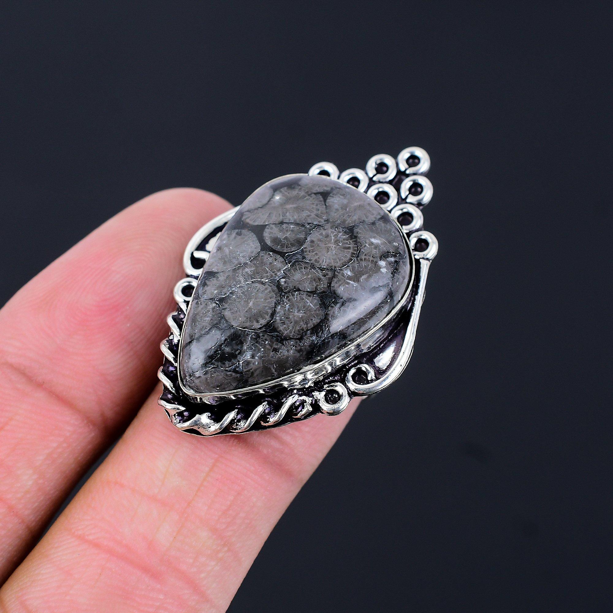 

Natural Black Fossil Coral Gemstone 925 Silver Statement Ring Size 7 For Women 7