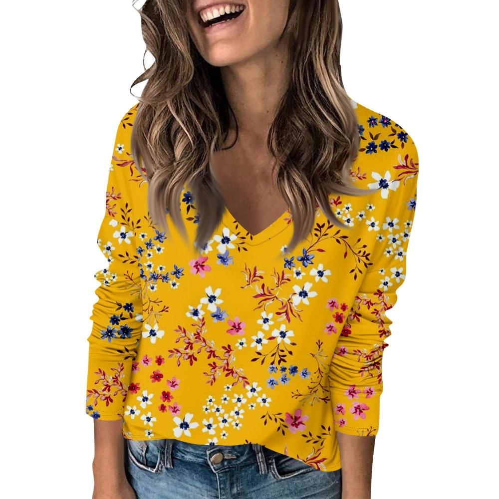 Playeras De Mujeres Ladies' Fashionable Casual Long Sleeved Retro Floral Print V-Neck Top Women'S T-Shirts Women Clothes