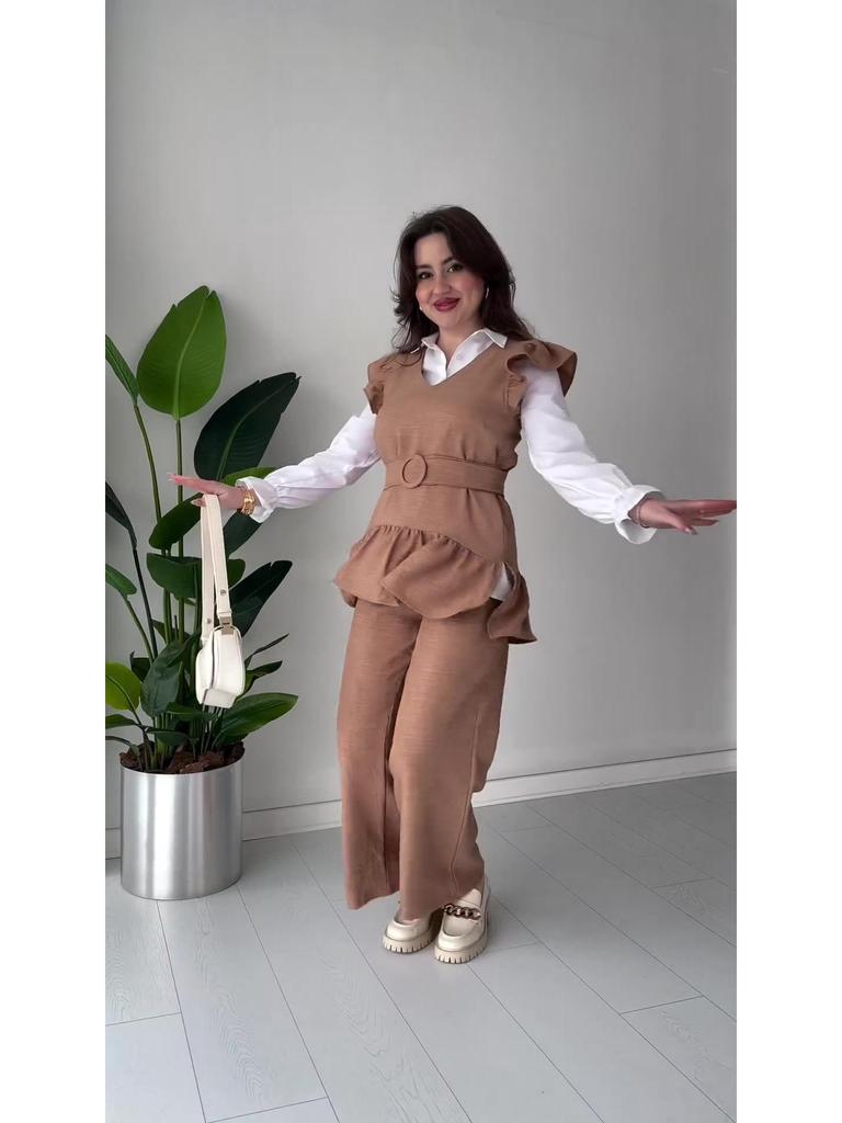 2024 Autumn Women's Solid Color Ruffle Sleeve Top & Wide Leg Pants Set