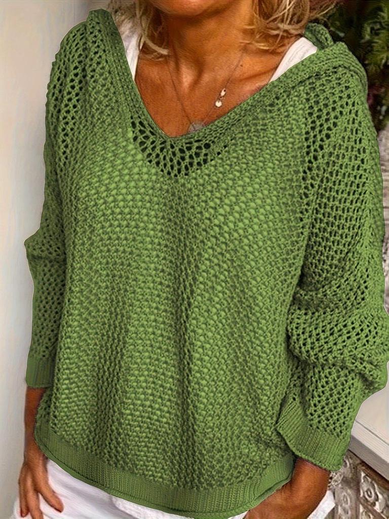 Women's Light Gray Hooded Knitted Sweater with Hollow Weave V Neck, Multiple Colors