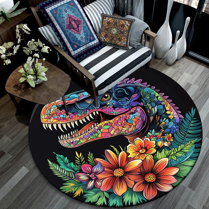 Colorful Dinosaur Round Area Rug,Carpet Rug for Living Room Bedroom Sofa Playroom Decor,Non-slip Floor Mat