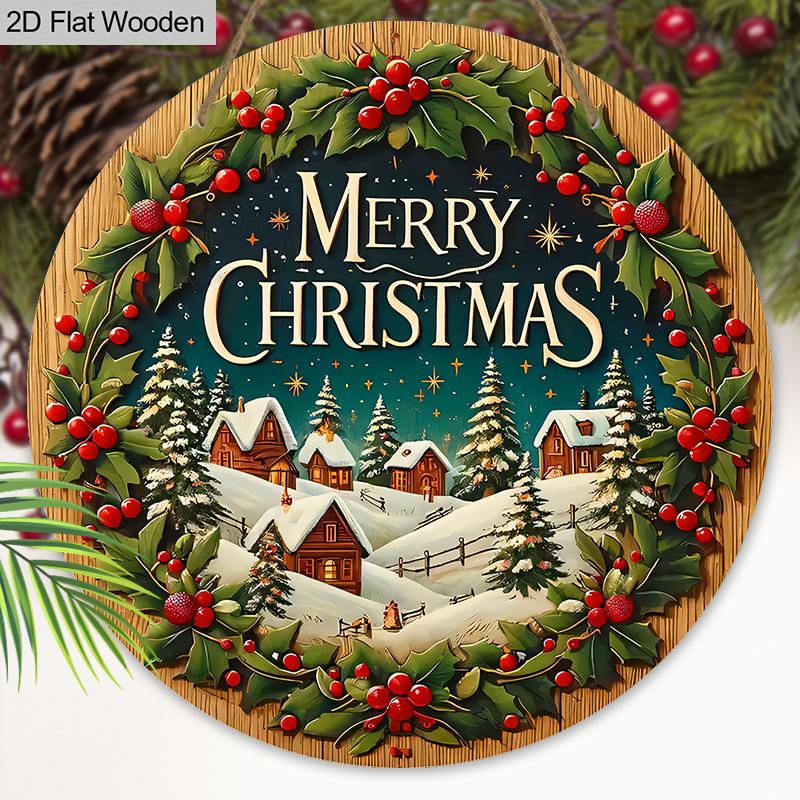 Merry Christmas Wooden Sign with Snow House Pattern - Navidad Wooden Sign for Front Door, Yard, Balcony, Window Decor - Ideal Christmas Gift
