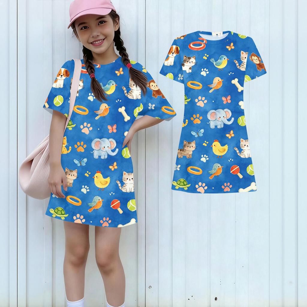 Girls Loose Fit Short Sleeve Dress Animal Print Round Neck Casual Lightweight Summer Dress for Kids