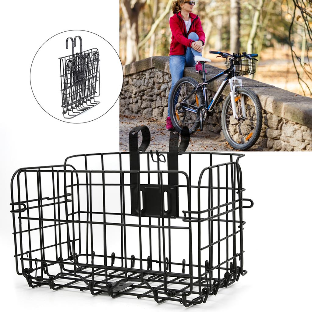 Strong Black Iron Mountain Bike Folding Front Basket Foldable Rear Hanging Wire Bag Bicycle AccessoryBlack Thicken