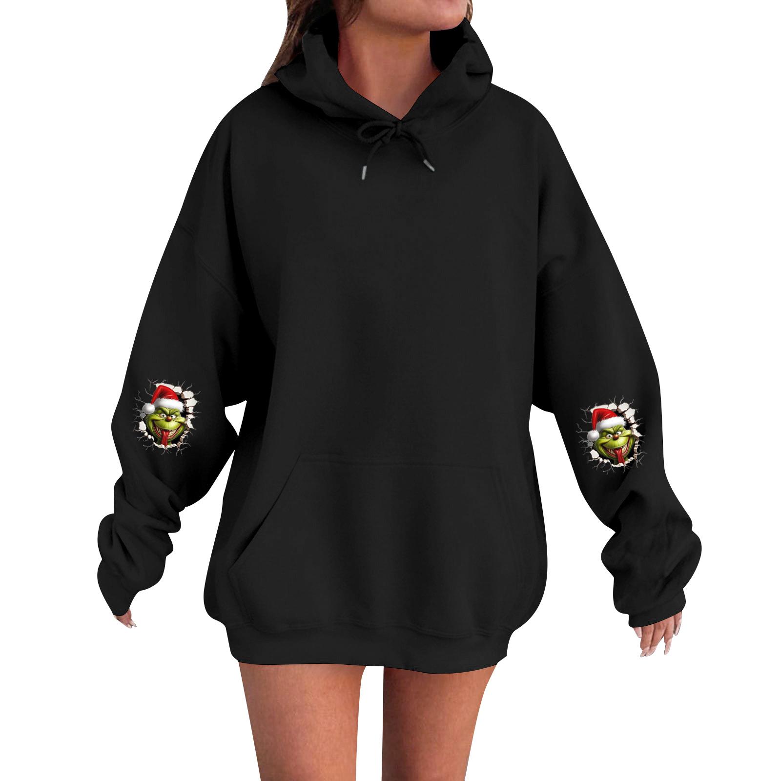 

Женский модный, расслабленный и удобный свитер с круглым вырезом и капюшоном, с длинными рукавами и рождественским принтом, теплый свитер M