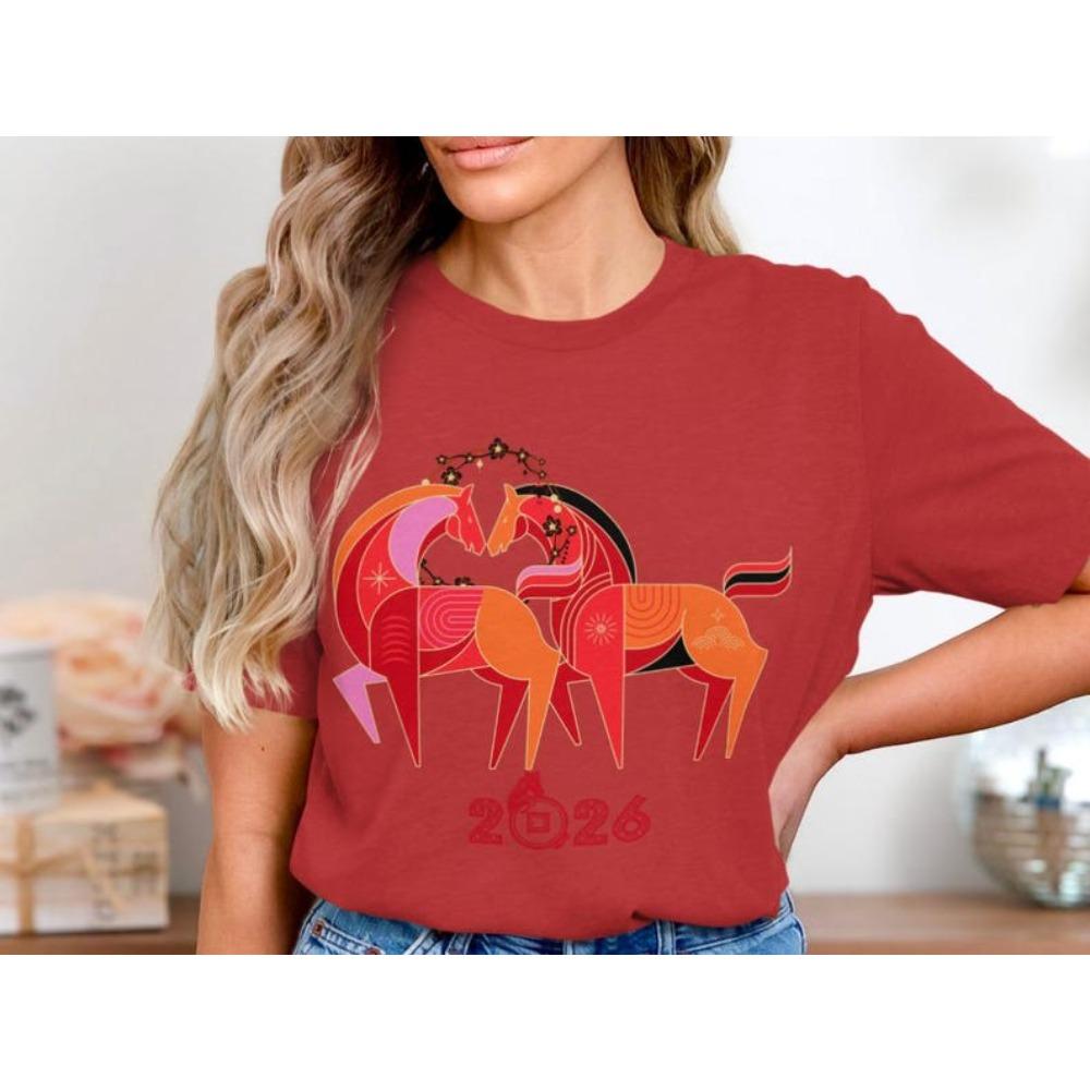 Mondneujahr 2026 T-Shirt Jahr des Pferdes Chinesisches Tierkreiszeichen T-Shirt Kreatives Design Frohes Neues Jahr Herren Damen T-Shirt Baumwoll-Oberteile