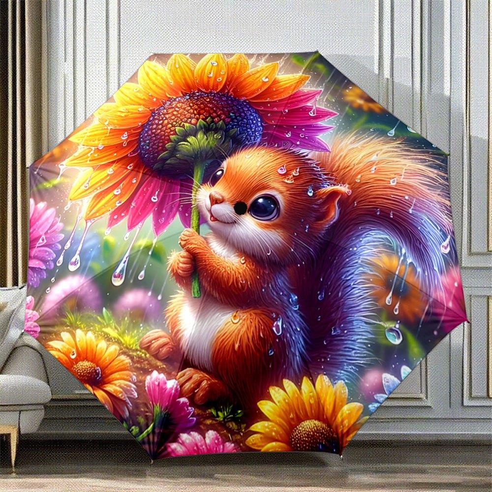 Automatic Folding Umbrella with Cute Squirrel & Sunflower Design - 8-Rib Compact Folding Mechanism, Vibrant Floral Pattern, Po