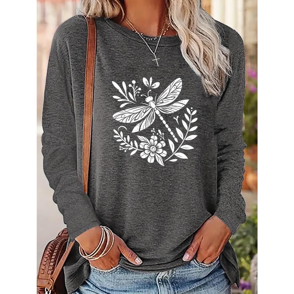 Women's black and white dragonfly long sleeved shirt, Spring and Autumn women's T-shirt