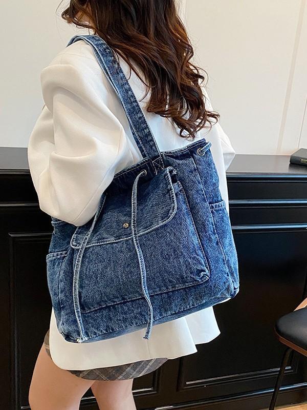 College Student Denim Shoulder Tote With Zipper Pocket And Casual Urban Design