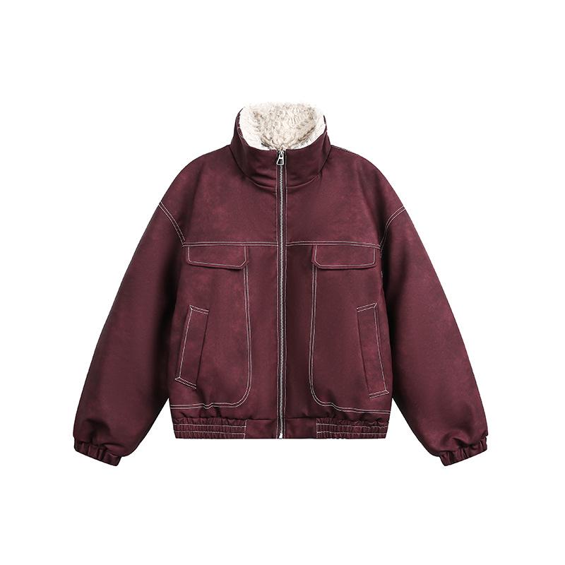 

Unisex Retro Patchwork Lambswool Stand Collar Jacket: Winter Warmth Plus Velvet Thickened M