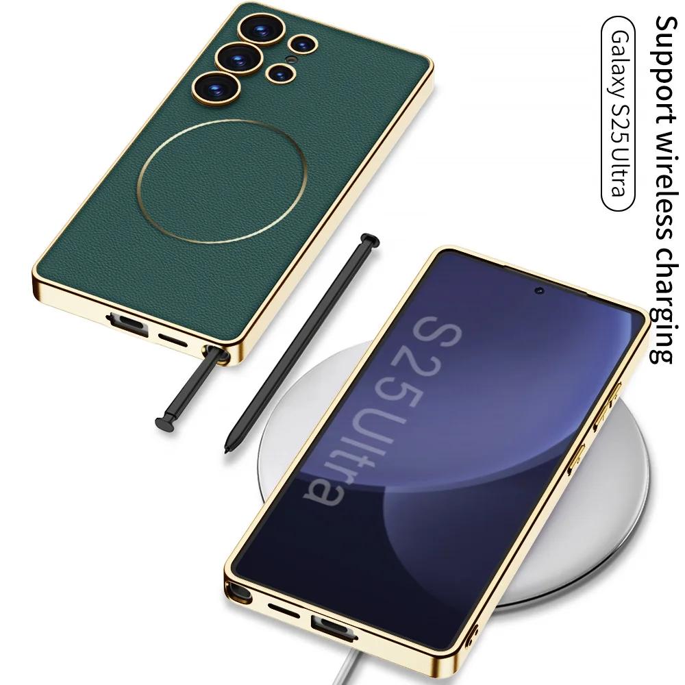 Custodia Magnetica Elettrolaccata per Telefono Magsafe per Samsung Galaxy S25 Ultra Copertura Protettiva Antiurto in Ecopelle PU