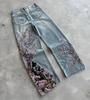 Unisex Y2K Gothic Cherry Blossom Embroidered Jeans Men Women Streetwear Wide Leg Pants High Street Baggy Denim Trousers