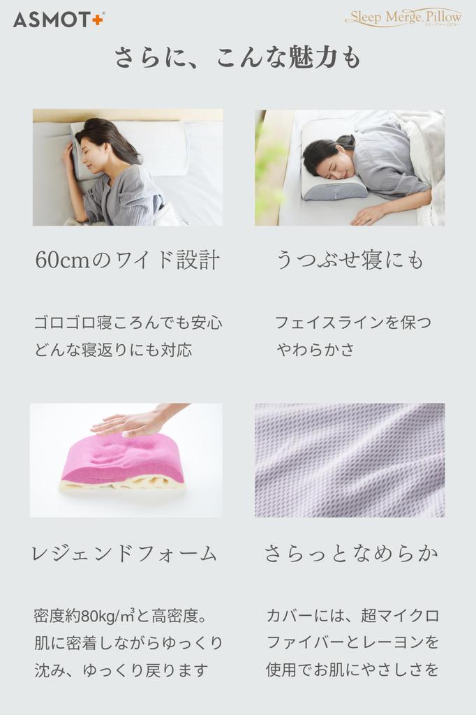 [Official] ASMOT+ Sleep Merge Pillow (Gray) Popular Low-Rebound, High-Rebound, Wide Size, 30cm x 60cm, Adjustable Height (4 Positions), Naosing, Made