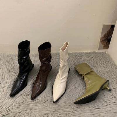 Fashion New Style Vintage Women's Thin Med Heels Ankle Boots Women Winter Shoes Pleated Pointed Toe Short Boots Designer Leather Boots