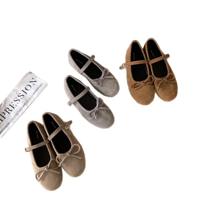 Bow Suede Single Shoes Women's 2025 New Round Head Flat Bottom with Skirt Retro Mary Jane Shoes Ladyshoes