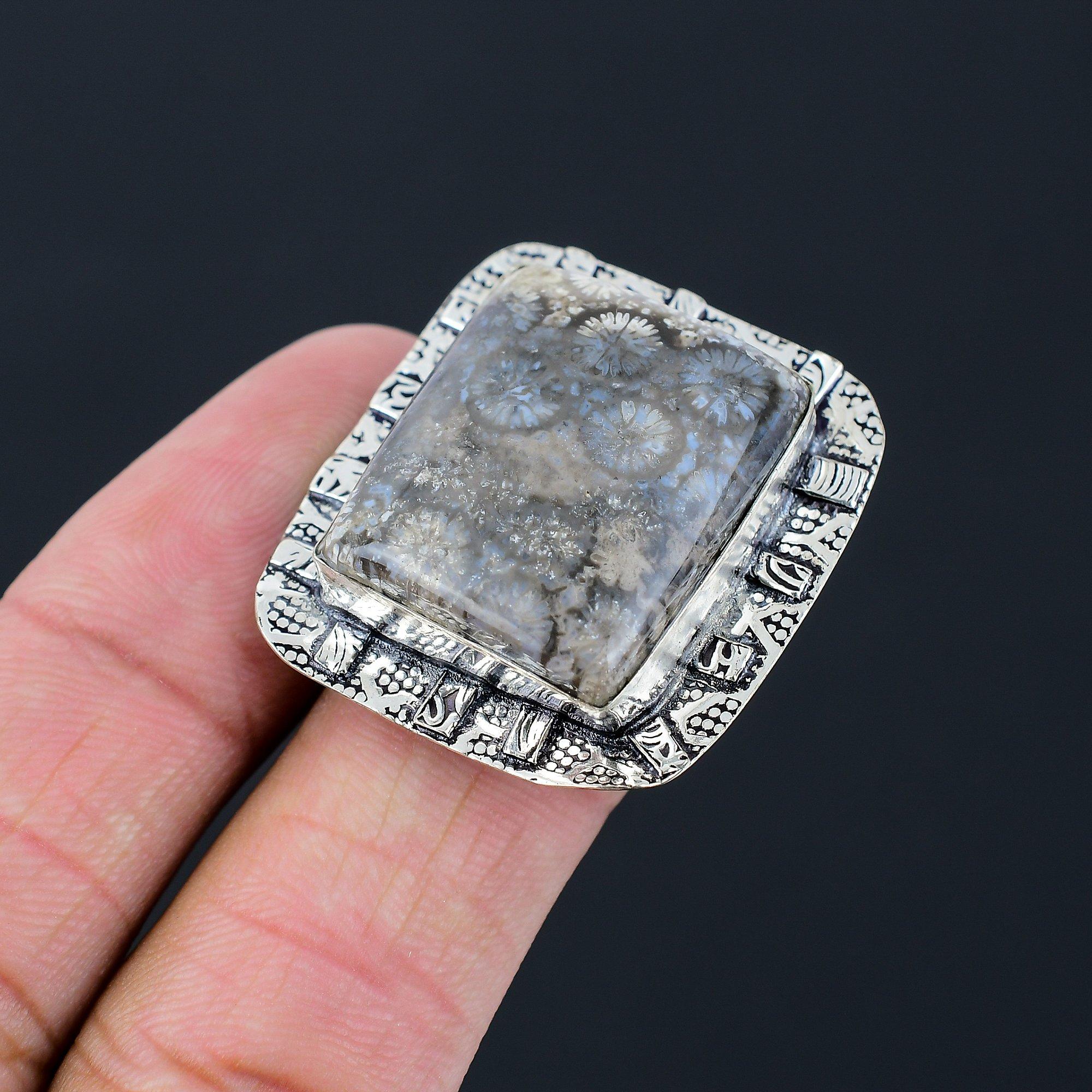 Sisters Day Sale 925 Silver Fossil Coral Stone Engagement Statement Ring Jewelry 9