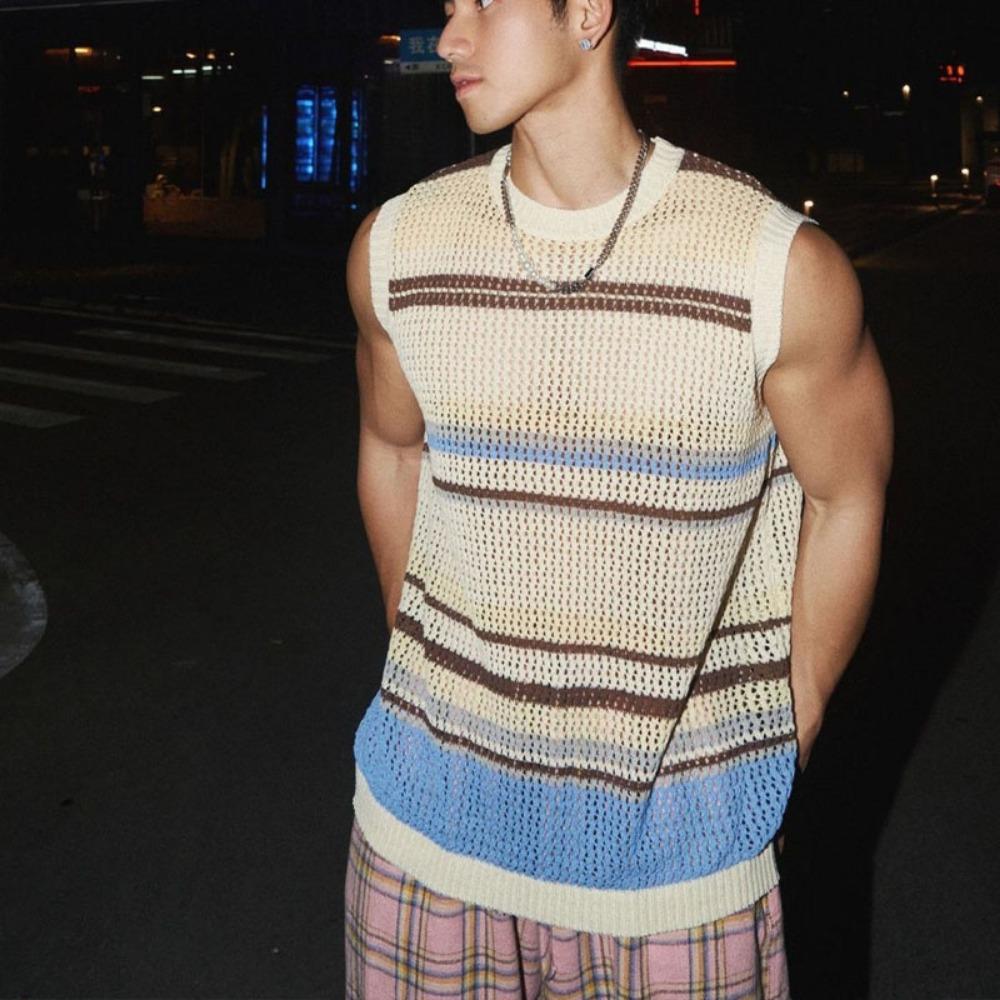 

Stripe Contrasting Colors Hollowing Out Knitting Vest Men Casual Tops Loose Summer Niche Handsome Sleeveless All-match Vest XXL чорний