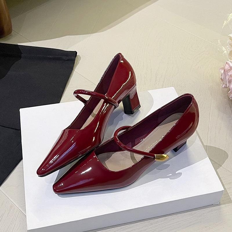 Retro patent leather square head temperament word with high heels women's thick heel single shoes medium heel not tired feet