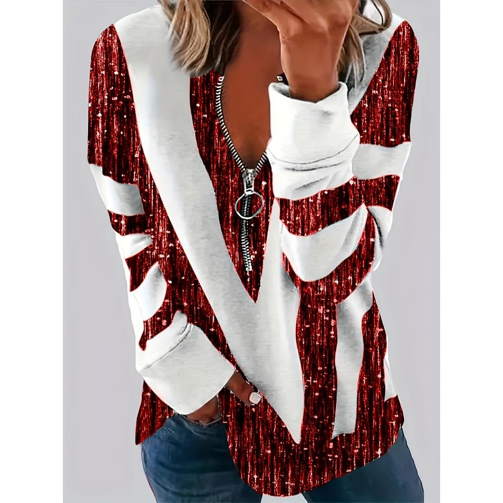 Autumn and winter extension color matching striped printing zipper T-shirt casual long-sleeved top large size women's clothing