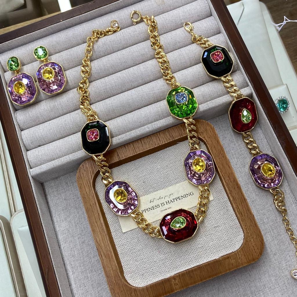 Fashion Crystal Premium Necklace Women'S Light Luxury Bracelet Color Dopamine Earrings Set Accessories