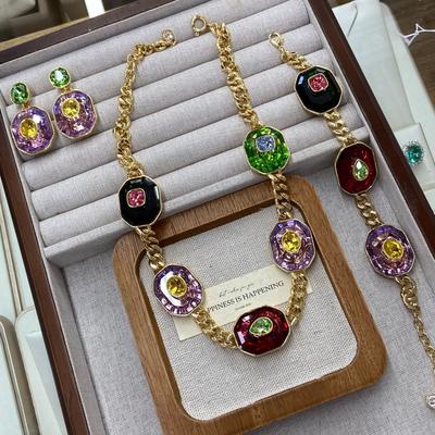 Fashion Crystal Premium Necklace Women'S Light Luxury Bracelet Color Dopamine Earrings Set Accessories