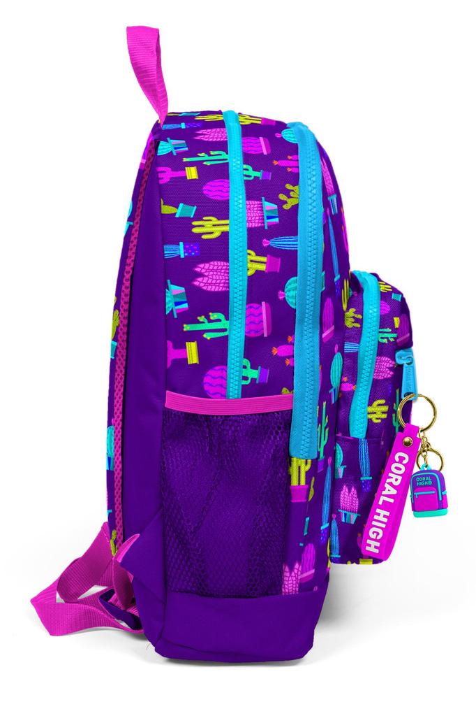 Coral High Kids Schulrucksack 23108 mit vier Fächern und Kaktusmuster, Lila/Rosa