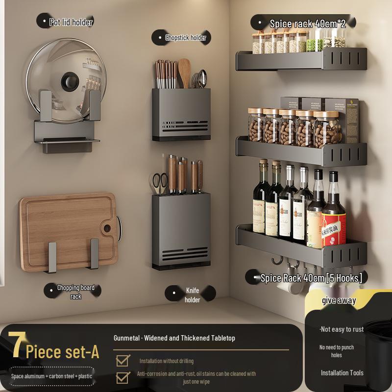 Gunmetal Gray Wall-Mounted No-Drill Kitchen Rack for Knives, Seasonings, and Cutting Boards