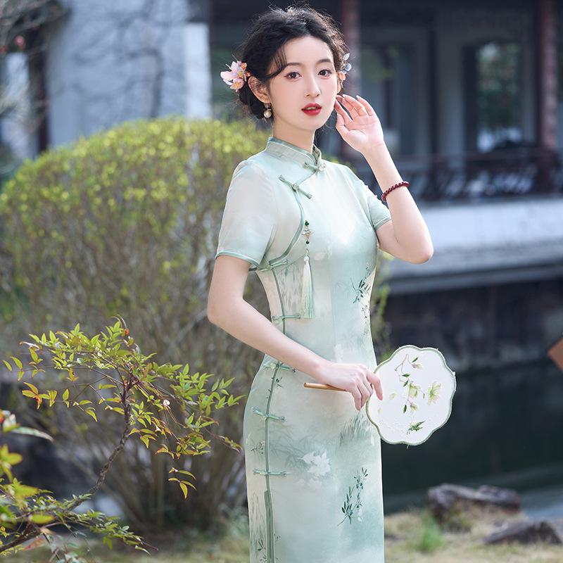 2025 Summer Elegant Long Cheongsam - Young Style with Stand Collar & Slit