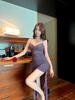Sultry Mesh Low-Cut Slim-Fit Pleated Slit Dress