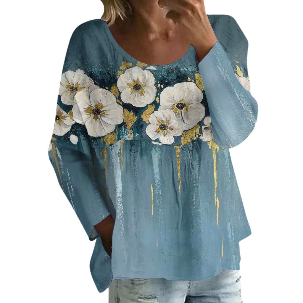 Damen Casual Mode Locker Rundhals Blumenmuster Langarm Oberteil