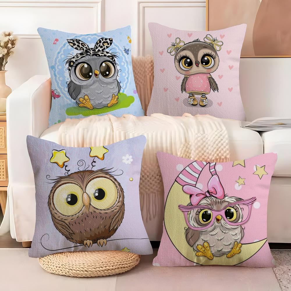 Cute Cartoon Owl Cushion Cover Natural Linen Organic Fabric DoubleSided Printing Sofa Home Decor Breathable Bed Pillow