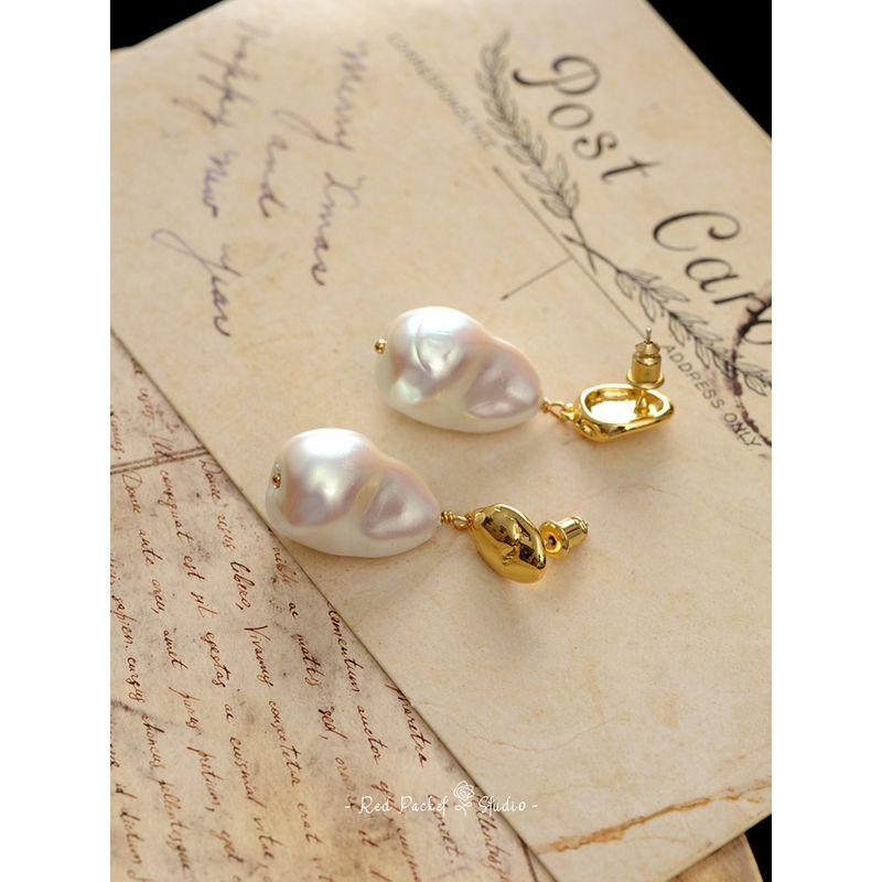 Red Pocket French style Retro High-Grade Niche Shaped Baroque Pearl Earrings S925 Silver Needle European and American Gyaru Eardrops
