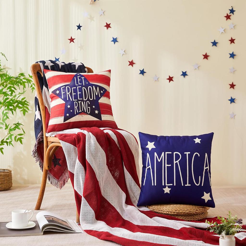 4Th Of July Pillow Covers, Red White Blue Summer Outdoor Throw Pillow Covers, Day Usa Flag Linen Fourth Of July Cushion