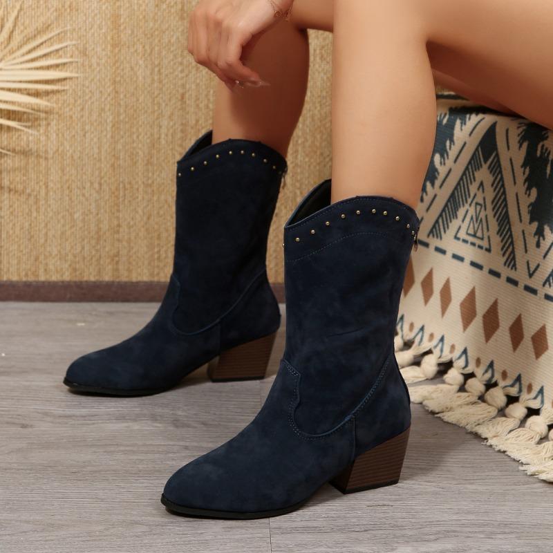 New Rivet Pointed Toe Mid-Top Boots Women's 2025 Winter Thick Heel Suede V-Mouth Knight Boots
